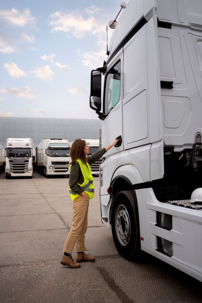 Worker in a high-visibility vest reaching up to open the door of a large white semi-truck in a parking yard with other trucks in the background.